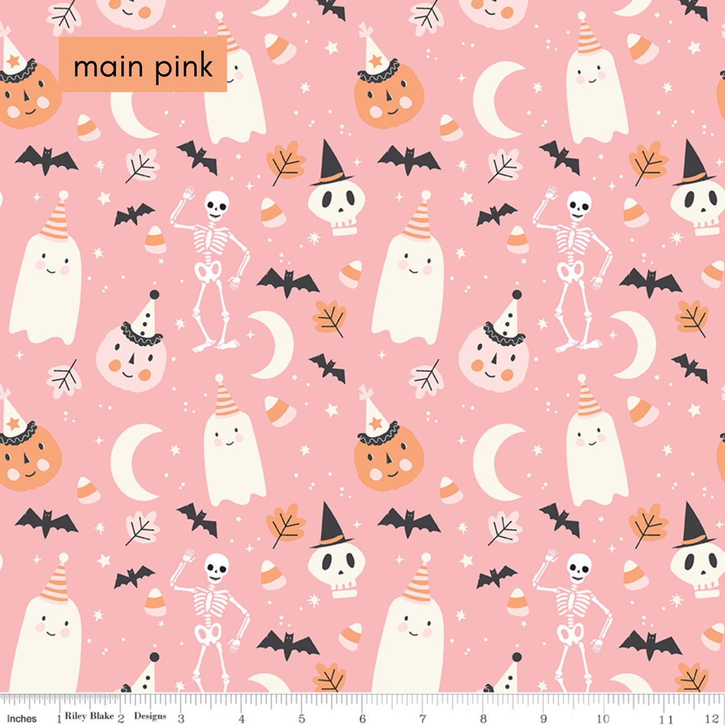 Hey Pumpkin Halloween Fabric from Riley Blake line Main Pink pattern: The focal print of the collection, featuring a "ghost party" with friendly skeletons, dancing ghosts, jack-o'-lanterns, bats, candy corn, and stars.