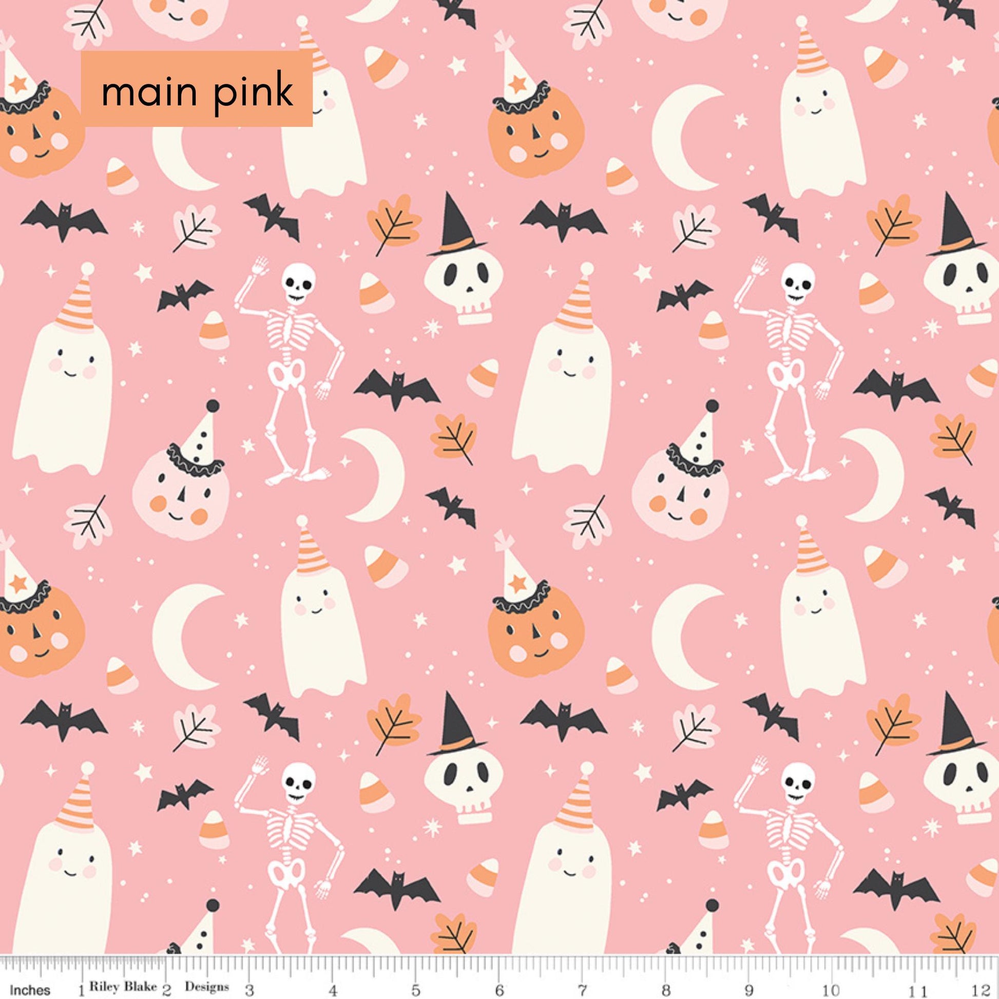 Hey Pumpkin Halloween Fabric from Riley Blake line Main Pink pattern: The focal print of the collection, featuring a "ghost party" with friendly skeletons, dancing ghosts, jack-o'-lanterns, bats, candy corn, and stars.