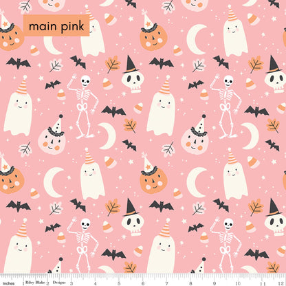 Hey Pumpkin Halloween Fabric from Riley Blake line Main Pink pattern: The focal print of the collection, featuring a "ghost party" with friendly skeletons, dancing ghosts, jack-o'-lanterns, bats, candy corn, and stars.