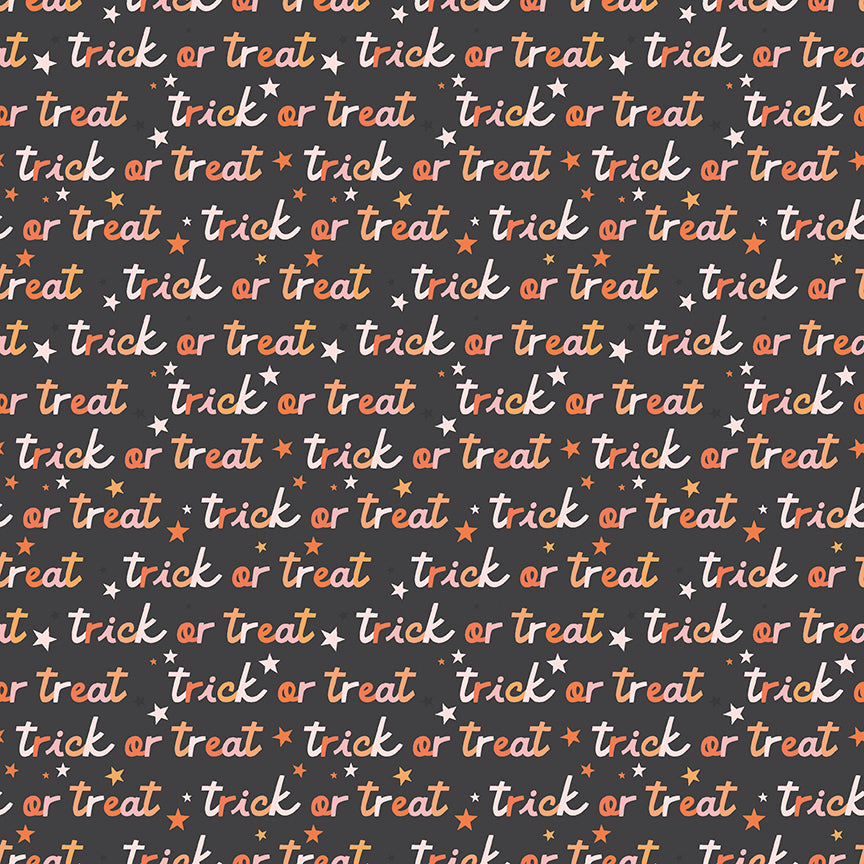 Hey Pumpkin Halloween Fabric line from Riley Blake Trick or Treat Charcoal pattern: A playful Toss of classic trick-or-treat bags, jack-o'-lantern buckets, and spooky sweets.