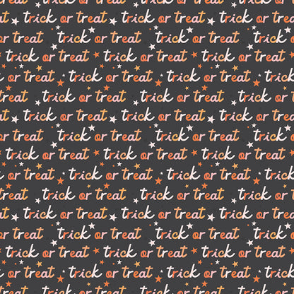 Hey Pumpkin Halloween Fabric line from Riley Blake Trick or Treat Charcoal pattern: A playful Toss of classic trick-or-treat bags, jack-o'-lantern buckets, and spooky sweets.