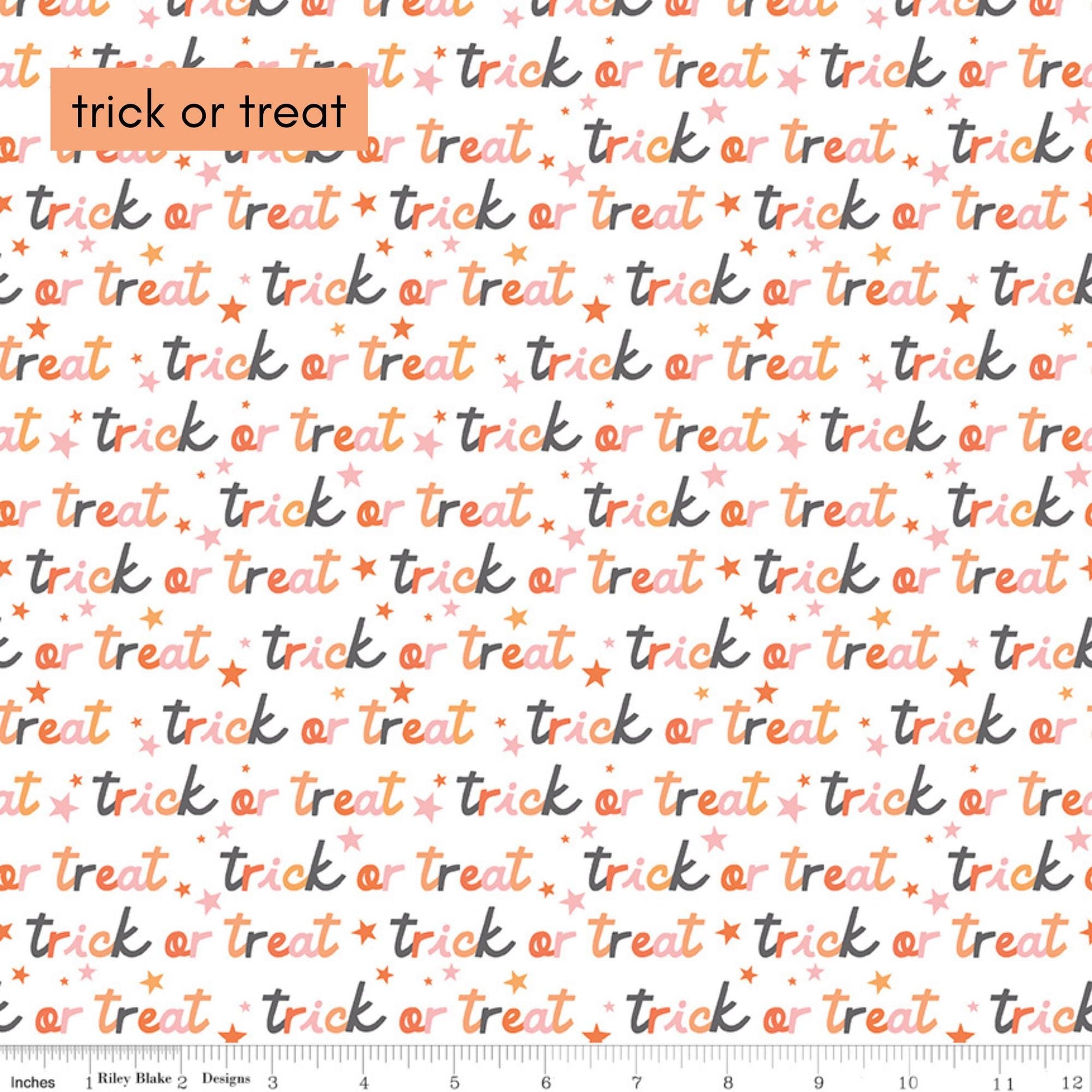 Hey Pumpkin Halloween Fabric line from Riley Blake Trick or Treat Orange pattern: A playful Toss of classic trick-or-treat bags, jack-o'-lantern buckets, and spooky sweets.