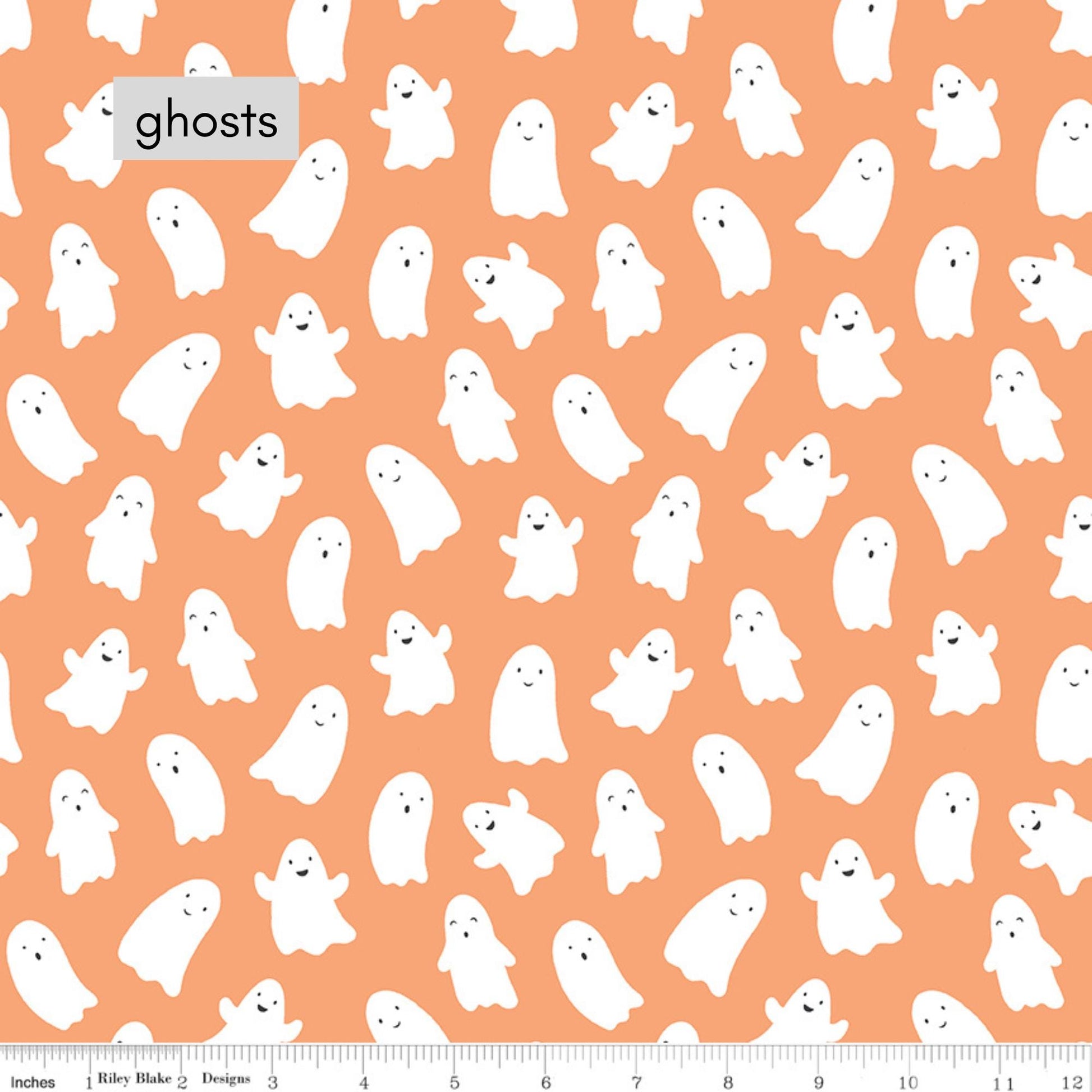 Hey Pumpkin Halloween fabric line from Riley Blake Ghosts Pumpkin pattern: A dense pattern featuring cute, smiling, cartoonish ghosts with party hats.