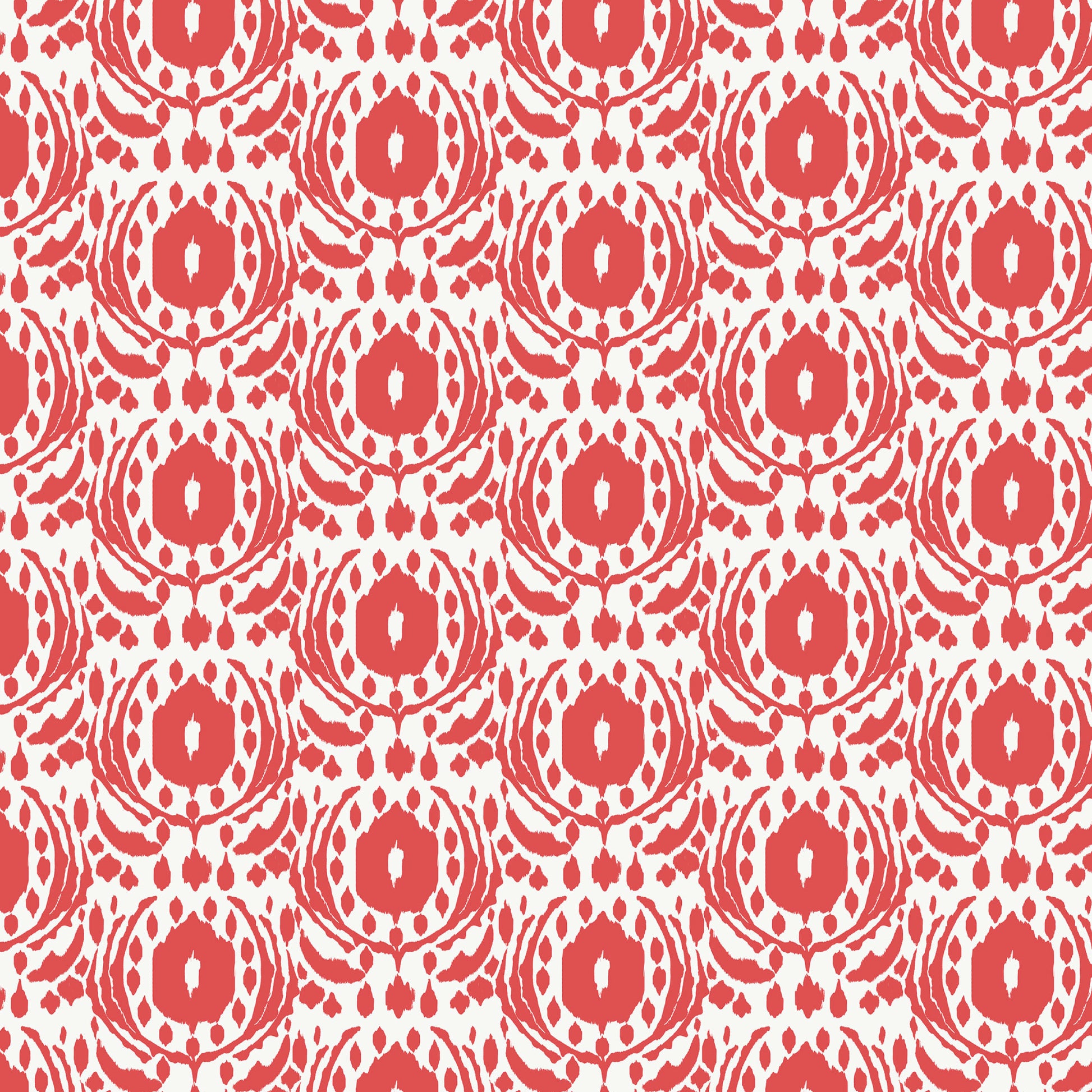 This pattern is ikat red from The Jubilant fabric collection, which is a summer-theme inspired by outdoor picnics and vintage celebration. Collection offers color of navy, red, blue, sand, cream with patterns Bold Florals: Inspired by summer gardens and vintage charm. Classic Gingham: Traditional checked patterns suitable for picnic-themed projects. Sweet Cherries: Playful fruit motifs that emphasize the summer theme. Dots and Spots: Geometric accents to complement the larger focal prints.