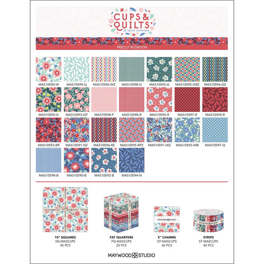 collage of pictured for the patterns in the cups and quilts fabric collection