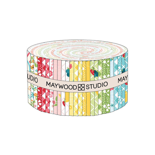 Jelly Roll / 2 1/2" precut strips includes 40 pieces, patterns are repeated from The Sippin' on Sunshine collection by Kimberbell for Maywood Studio celebrates summer with playful picnic and warm-weather motifs. This collection features bright citrus slices, refreshing drinks, gingham checks, and ditsy florals across a vibrant palette of sky blue, lemon yellow, pink, and red.