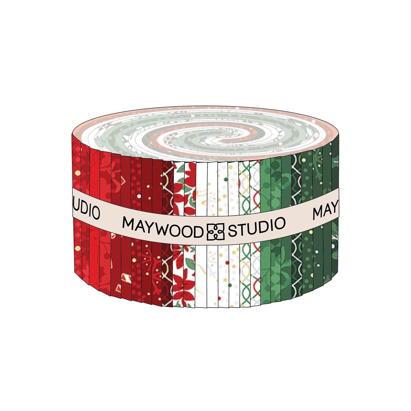 Jelly roll/  Precut S2 1/2" Strip bundle includes 40 pieces, patterns repeated from The Merry Mix collection by Maywood Studio, 100% cotton,  features a classic Christmas color palette of snow white, berry red, and holly green. It is characterized by nostalgic holiday motifs, prancing reindeer, and florals, all elevated with shimmering metallic gold and silver accent