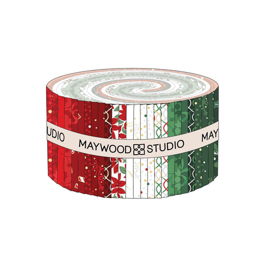 Jelly roll/  Precut S2 1/2" Strip bundle includes 40 pieces, patterns repeated from The Merry Mix collection by Maywood Studio, 100% cotton,  features a classic Christmas color palette of snow white, berry red, and holly green. It is characterized by nostalgic holiday motifs, prancing reindeer, and florals, all elevated with shimmering metallic gold and silver accent