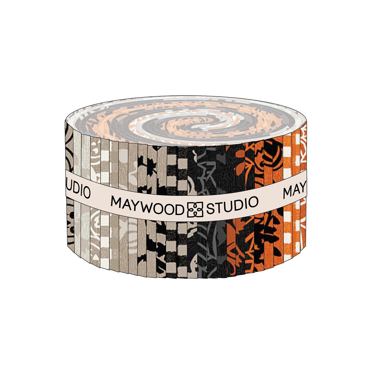 The Pumpkin Grove collection by Maywood Studio is a rustic, farmhouse-inspired Halloween fabric line featuring classic spooky motifs with textured backgrounds. The collection's color palette is black, cream, orange, tan, and grey. 
Jelly Roll / 2 1/2" Precut Strip 40 pieces