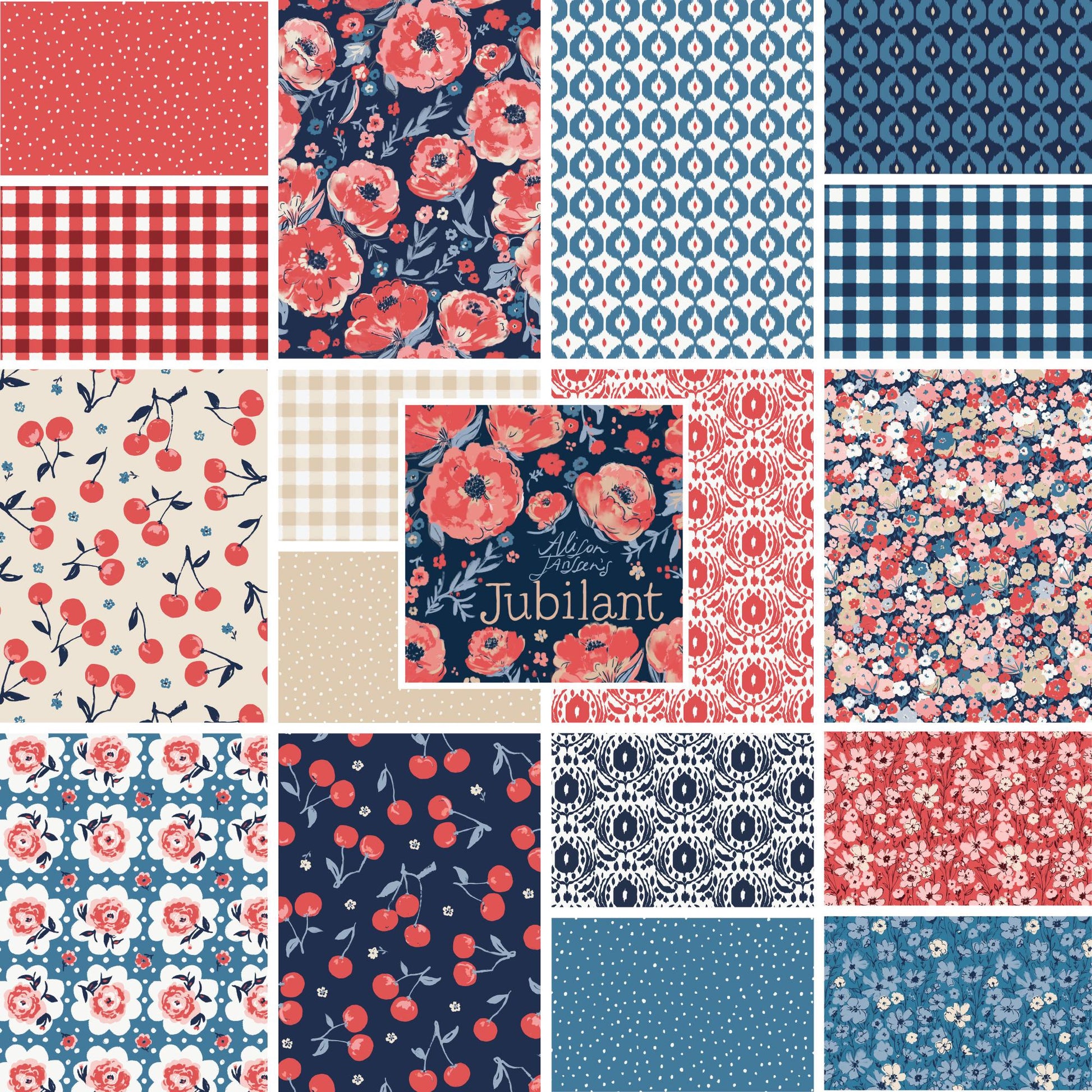  The Jubilant fabric collection, which is a summer-theme inspired by outdoor picnics and vintage celebration. Collection offers color of navy, red, blue, sand, cream with patterns Bold Florals: Inspired by summer gardens and vintage charm. Classic Gingham: Traditional checked patterns suitable for picnic-themed projects. Sweet Cherries: Playful fruit motifs that emphasize the summer theme. Dots and Spots: Geometric accents to complement the larger focal prints.