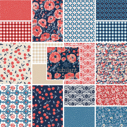  The Jubilant fabric collection, which is a summer-theme inspired by outdoor picnics and vintage celebration. Collection offers color of navy, red, blue, sand, cream with patterns Bold Florals: Inspired by summer gardens and vintage charm. Classic Gingham: Traditional checked patterns suitable for picnic-themed projects. Sweet Cherries: Playful fruit motifs that emphasize the summer theme. Dots and Spots: Geometric accents to complement the larger focal prints.