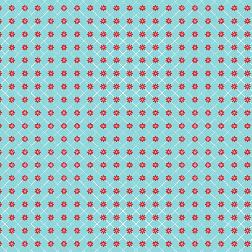 fabric pattern Lazy Daisy: A dainty, scattered floral print. Available in White, Red, and Aqua colorways  from the The Smitten Chicken collection by Lori Woods for Poppie Cotton is a cheerful, countryside-inspired fabric line. It features a lively color palette of red, pink, aqua, and white. It is ideal for quilts, kitchen projects, tea towels, and aprons