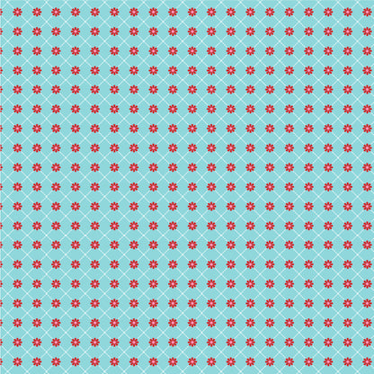 fabric pattern Lazy Daisy: A dainty, scattered floral print. Available in White, Red, and Aqua colorways  from the The Smitten Chicken collection by Lori Woods for Poppie Cotton is a cheerful, countryside-inspired fabric line. It features a lively color palette of red, pink, aqua, and white. It is ideal for quilts, kitchen projects, tea towels, and aprons