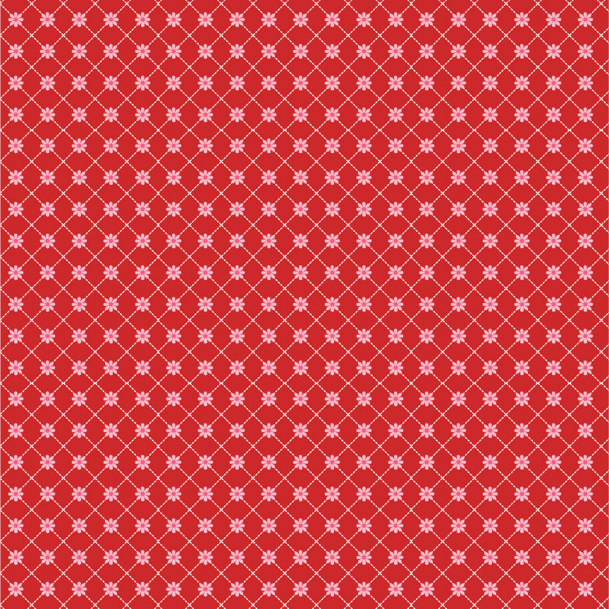 fabric pattern Lazy Daisy: A dainty, scattered floral print. Available in White, Red, and Aqua colorways  from the The Smitten Chicken collection by Lori Woods for Poppie Cotton is a cheerful, countryside-inspired fabric line. It features a lively color palette of red, pink, aqua, and white. It is ideal for quilts, kitchen projects, tea towels, and aprons