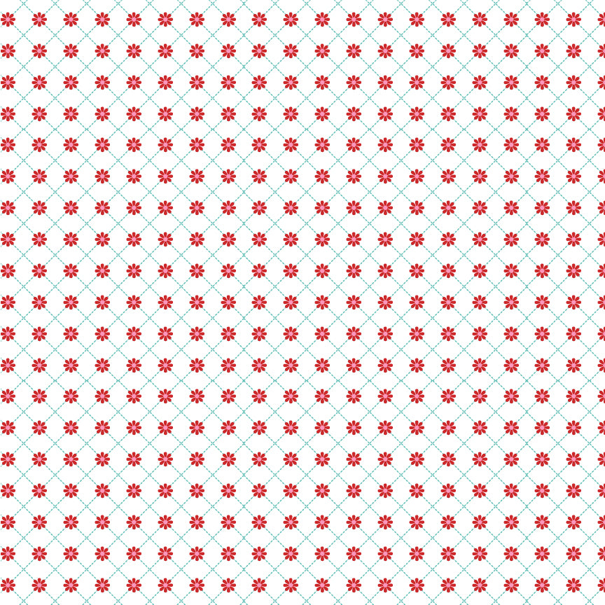 fabric pattern Lazy Daisy: A dainty, scattered floral print. Available in White, Red, and Aqua colorways  from the The Smitten Chicken collection by Lori Woods for Poppie Cotton is a cheerful, countryside-inspired fabric line. It features a lively color palette of red, pink, aqua, and white. It is ideal for quilts, kitchen projects, tea towels, and aprons
