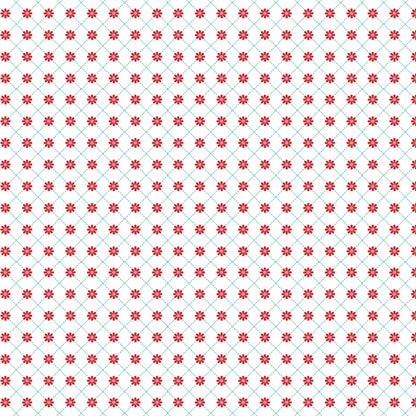 fabric pattern Lazy Daisy: A dainty, scattered floral print. Available in White, Red, and Aqua colorways  from the The Smitten Chicken collection by Lori Woods for Poppie Cotton is a cheerful, countryside-inspired fabric line. It features a lively color palette of red, pink, aqua, and white. It is ideal for quilts, kitchen projects, tea towels, and aprons