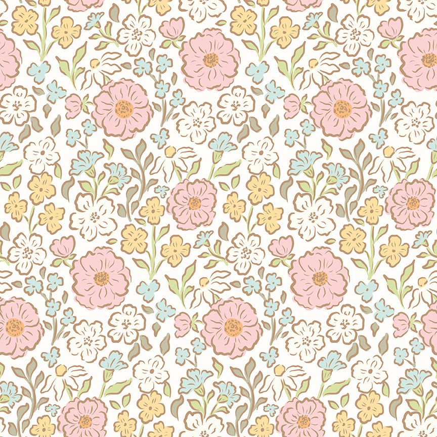 Pattern from the Little Posies fabric collection, by Cayla Naylor for Riley Blake Designs. Patterns feature hand-drawn floral prints, gentle pastels, ditsy blooms, and cottage-style motifs. 
- 100% cotton
- Machine Wash Cold/Tumble Dry Low