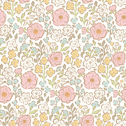 Pattern from the Little Posies fabric collection, by Cayla Naylor for Riley Blake Designs. Patterns feature hand-drawn floral prints, gentle pastels, ditsy blooms, and cottage-style motifs. 
- 100% cotton
- Machine Wash Cold/Tumble Dry Low