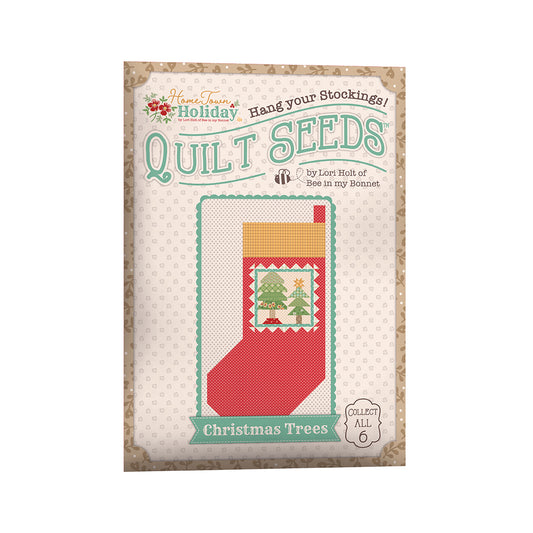 The Home Town Holiday Quilt Seeds™ Patterns by Lori Holt of Bee in my Bonnet is a pattern series for 6 different stocking quilt blocks. Each seed packet has instructions to make 1 block – all you have to do is add fabric. A paper pattern is included in each packet. No templates are required. Each block finishes at 22" x 40" and uses traditional piecing techniques.  Tutorial available You Tube Lori Holt  the Home Town Holiday Quilt Seeds™   Seed packet size is approximately 6 1/2" x 9 1/2".