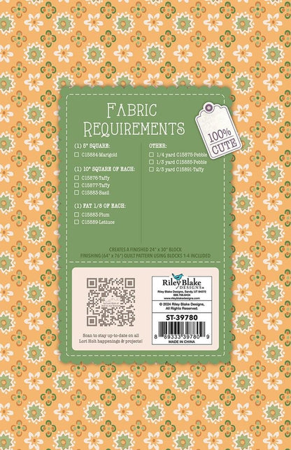 The Piece & Plenty Quilt Seeds™ Patterns by Lori Holt is a pattern series for 4 different basket quilt blocks filed with bright flowers. Each one  has instructions to make 1 block, just add fabric. No templates are required. Each block finishes at 24" x 30" and uses traditional piecing techniques. Collect all 4 of these beautiful seed packets in their keepsake packaging. Optional quilt finishing instructions will be included in each packet. Seed packet size is approximately 6 1/2" x 9 1/2".