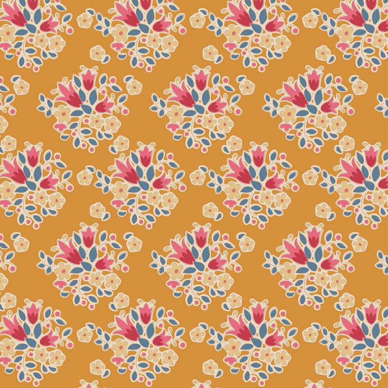 Pattern Lulu Saffron: A soft yellow-gold (saffron) fabric with a small, intricate design from The Tilda Creating Memories Autumn collection (part of the Seasonal Basics range) features 16 small-patterned fabrics in warm tones of ginger, saffron, brown, and rust, with touches of blue-grey and khaki. Designed by Tone Finnanger, the collection blends 9 printed and 7 woven cotton designs—including dainty florals, delicate stripes, and timeless plaids—ideal for quilting, softies, and  crafting.