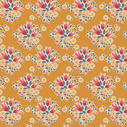 Pattern Lulu Saffron: A soft yellow-gold (saffron) fabric with a small, intricate design from The Tilda Creating Memories Autumn collection (part of the Seasonal Basics range) features 16 small-patterned fabrics in warm tones of ginger, saffron, brown, and rust, with touches of blue-grey and khaki. Designed by Tone Finnanger, the collection blends 9 printed and 7 woven cotton designs—including dainty florals, delicate stripes, and timeless plaids—ideal for quilting, softies, and  crafting.