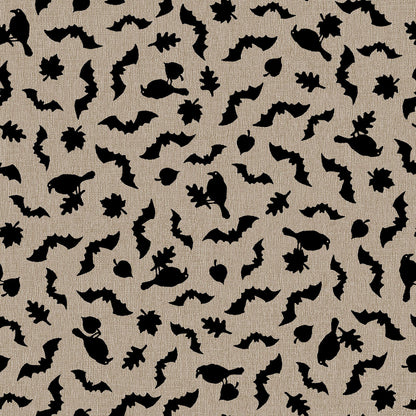 Pattern from the Pumpkin Grove fabric Collection Tonal Bats & Ravens: Scattered jet black ravens, leaves, and bats floating over a heavily textured backdrop. Backgrounds: Available in Warm Gray, Cream, and Tan/Greige. The Collection by Maywood Studio is a rustic, farmhouse-inspired Halloween line featuring sophisticated seasonal palette and includes22 patterns characterized by textured backgrounds and classic spooky motifs