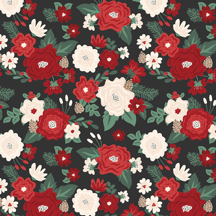 Fabric pattern Main Floral: Lush, oversized poinsettias and botanical winter florals. Background Colors: Red, Mint, and Black from The Evergreen Wishes fabric collection by Traci Reed for Riley Blake Designs blends classic holiday traditions with a fresh, modern palette of rich reds, deep greens, mint, cream, and black. It features beautiful winter florals, cozy plaids, and playful seasonal motifs.