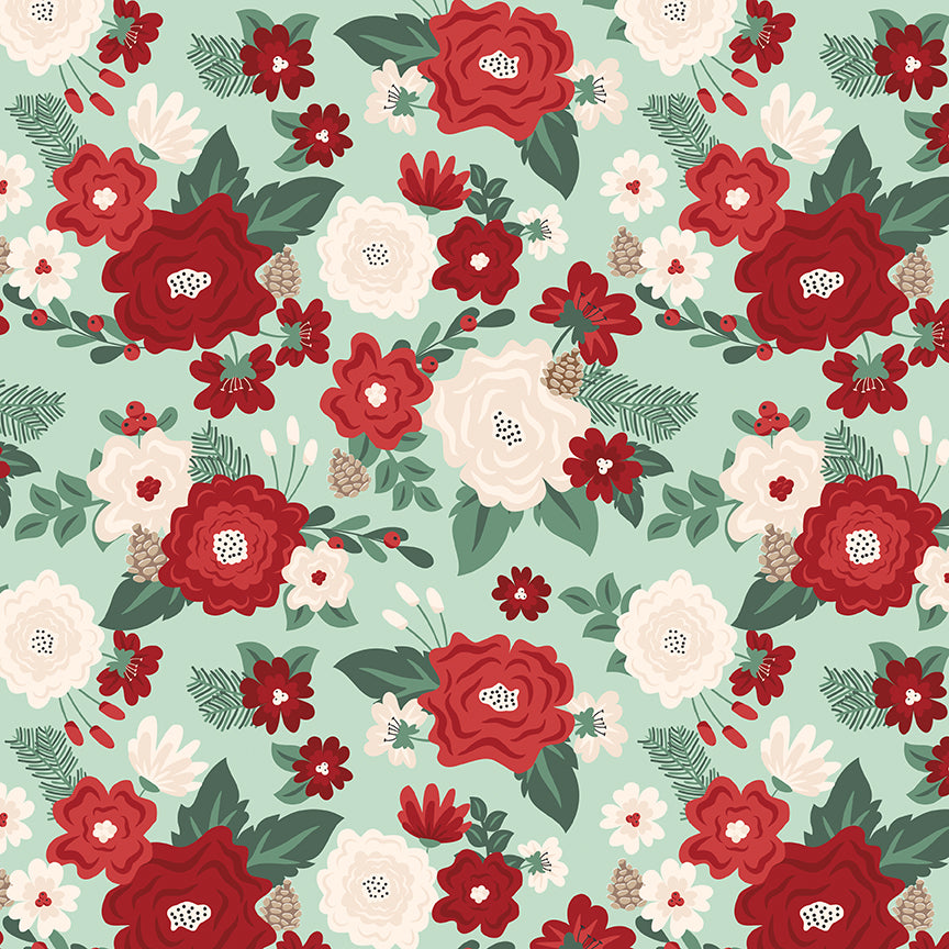Fabric pattern Main Floral: Lush, oversized poinsettias and botanical winter florals. Background Colors: Red, Mint, and Black from The Evergreen Wishes fabric collection by Traci Reed for Riley Blake Designs blends classic holiday traditions with a fresh, modern palette of rich reds, deep greens, mint, cream, and black. It features beautiful winter florals, cozy plaids, and playful seasonal motifs.