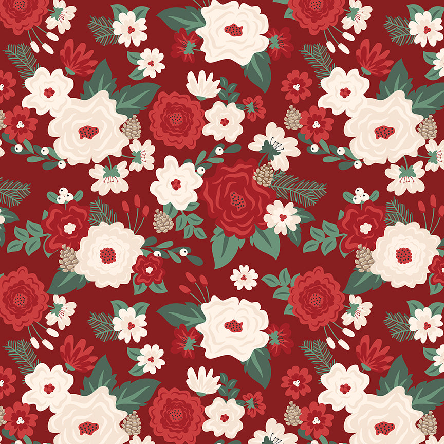 Fabric pattern Main Floral: Lush, oversized poinsettias and botanical winter florals. Background Colors: Red, Mint, and Black from The Evergreen Wishes fabric collection by Traci Reed for Riley Blake Designs blends classic holiday traditions with a fresh, modern palette of rich reds, deep greens, mint, cream, and black. It features beautiful winter florals, cozy plaids, and playful seasonal motifs.
