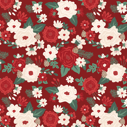 Fabric pattern Main Floral: Lush, oversized poinsettias and botanical winter florals. Background Colors: Red, Mint, and Black from The Evergreen Wishes fabric collection by Traci Reed for Riley Blake Designs blends classic holiday traditions with a fresh, modern palette of rich reds, deep greens, mint, cream, and black. It features beautiful winter florals, cozy plaids, and playful seasonal motifs.