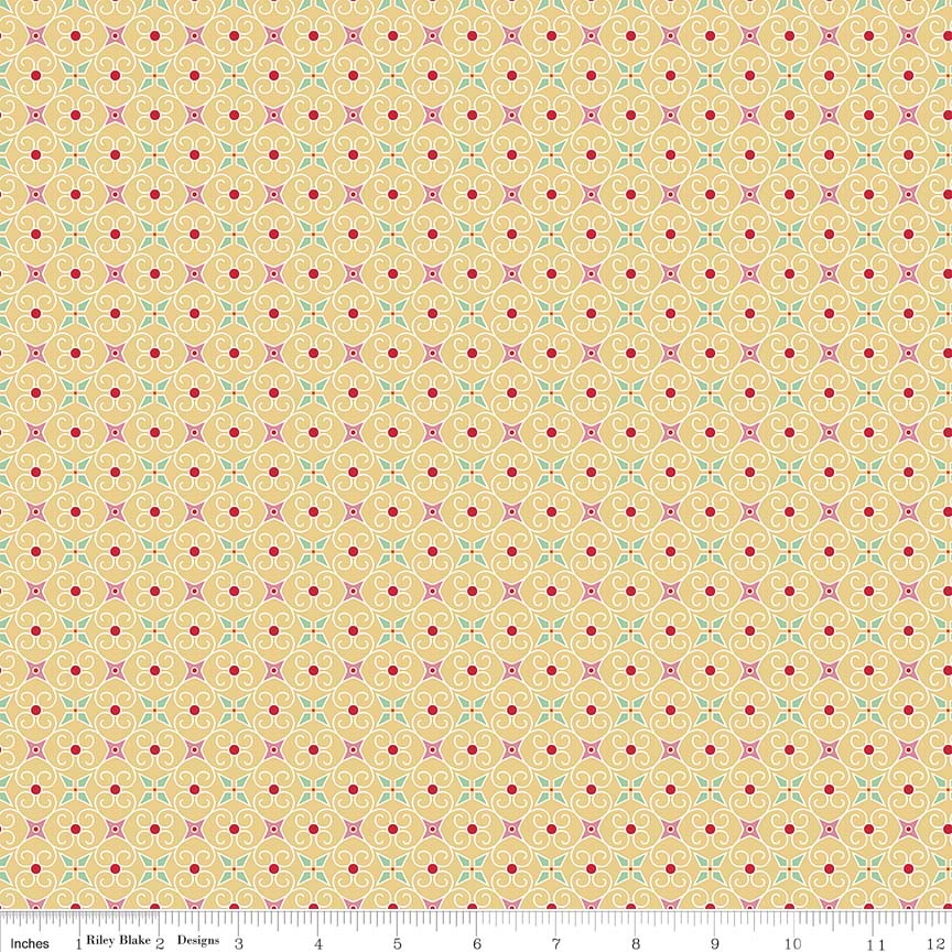 Pattern Wrapping Paper: A geometric, interlocking gift box and ribbon pattern with backgrounds: Blue, Green, and Yellow from the Cozy Christmas collection by Lori Holt for Riley Blake Designs is a vintage-inspired holiday line. It features festive motifs like snowmen, reindeer, recipes, and seasonal florals, typically produced in bright traditional colorways.