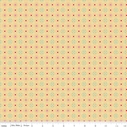 Pattern Wrapping Paper: A geometric, interlocking gift box and ribbon pattern with backgrounds: Blue, Green, and Yellow from the Cozy Christmas collection by Lori Holt for Riley Blake Designs is a vintage-inspired holiday line. It features festive motifs like snowmen, reindeer, recipes, and seasonal florals, typically produced in bright traditional colorways.