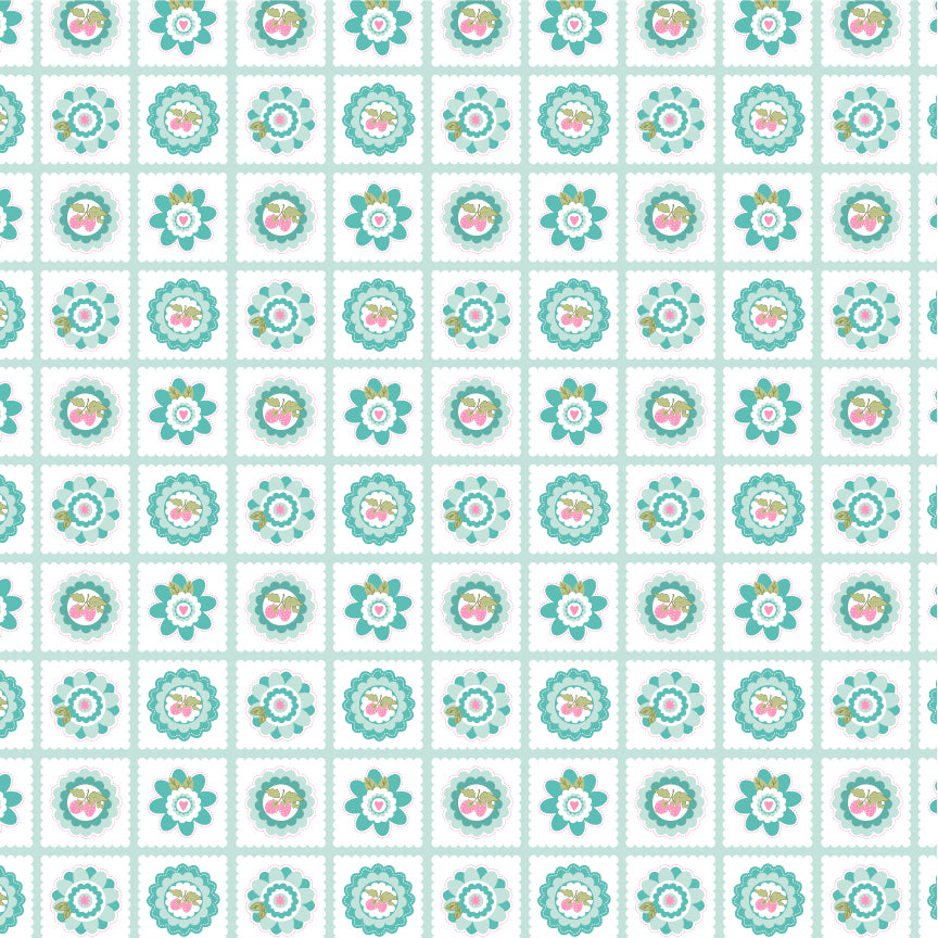 fabric pattern Petits Fours: A dainty, small-scale geometric/scattered print. Available in White, Red, and Aqua colorway from the The Smitten Chicken collection by Lori Woods for Poppie Cotton is a cheerful, countryside-inspired fabric line. It features a lively color palette of red, pink, aqua, and white. It is ideal for quilts, kitchen projects, tea towels, and aprons