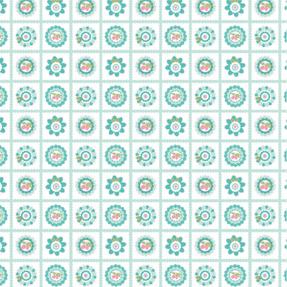 fabric pattern Petits Fours: A dainty, small-scale geometric/scattered print. Available in White, Red, and Aqua colorway from the The Smitten Chicken collection by Lori Woods for Poppie Cotton is a cheerful, countryside-inspired fabric line. It features a lively color palette of red, pink, aqua, and white. It is ideal for quilts, kitchen projects, tea towels, and aprons