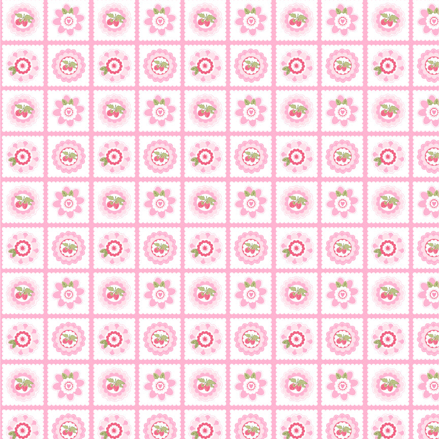 fabric pattern Petits Fours: A dainty, small-scale geometric/scattered print. Available in White, Red, and Aqua colorway from the The Smitten Chicken collection by Lori Woods for Poppie Cotton is a cheerful, countryside-inspired fabric line. It features a lively color palette of red, pink, aqua, and white. It is ideal for quilts, kitchen projects, tea towels, and aprons