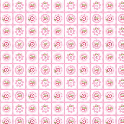 fabric pattern Petits Fours: A dainty, small-scale geometric/scattered print. Available in White, Red, and Aqua colorway from the The Smitten Chicken collection by Lori Woods for Poppie Cotton is a cheerful, countryside-inspired fabric line. It features a lively color palette of red, pink, aqua, and white. It is ideal for quilts, kitchen projects, tea towels, and aprons