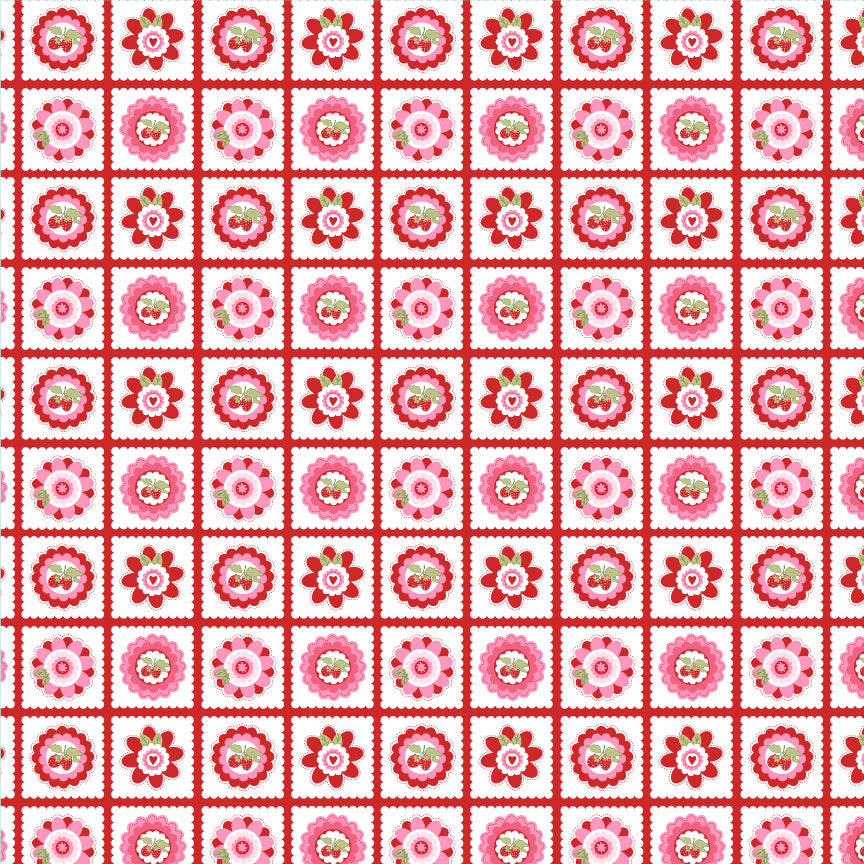 fabric pattern Petits Fours: A dainty, small-scale geometric/scattered print. Available in White, Red, and Aqua colorway from the The Smitten Chicken collection by Lori Woods for Poppie Cotton is a cheerful, countryside-inspired fabric line. It features a lively color palette of red, pink, aqua, and white. It is ideal for quilts, kitchen projects, tea towels, and aprons
