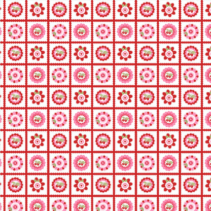 fabric pattern Petits Fours: A dainty, small-scale geometric/scattered print. Available in White, Red, and Aqua colorway from the The Smitten Chicken collection by Lori Woods for Poppie Cotton is a cheerful, countryside-inspired fabric line. It features a lively color palette of red, pink, aqua, and white. It is ideal for quilts, kitchen projects, tea towels, and aprons