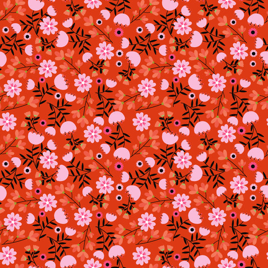 Pattern Pumpkin Pie: A festive print featuring rows of jack-o'-lanterns and stars, Background Colors: Pink, Grey, and Orange. from The Not Scary fabric collection by Jill & Rani for Poppie Cotton celebrates the lighter side of Halloween with a playful, vibrant, and delightfully charming vibe. Featuring a cheerful palette of soft pinks, vivid oranges, gentle greys, and deep greens, the line brings whimsical ghosts, witches, and friendly critters to your seasonal crafts