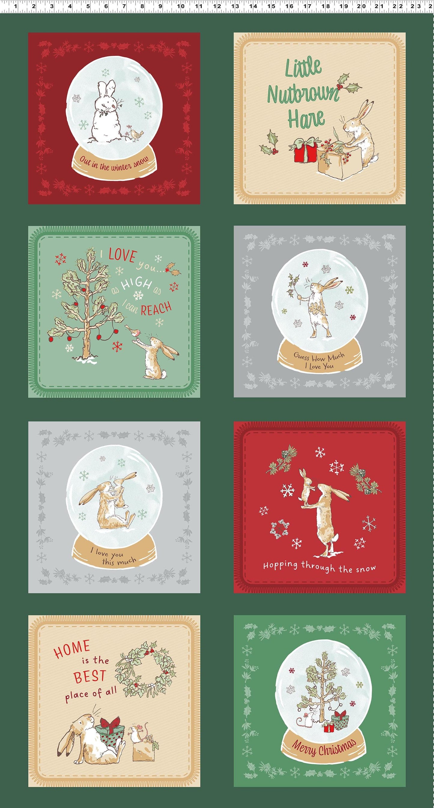 Panel 24" forest from The Guess How Much I Love You 2026 fabric collection by Anita Jeram for Clothworks Fabrics features a cozy, Christmas-themed holiday twist. It centers around Big Nutbrown Hare and Little Nutbrown Hare. The collection includes holiday motifs like bunny-snowmen, mistletoe, holly, and winter scenes.