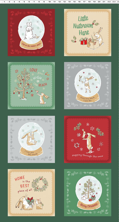 Panel 24" forest from The Guess How Much I Love You 2026 fabric collection by Anita Jeram for Clothworks Fabrics features a cozy, Christmas-themed holiday twist. It centers around Big Nutbrown Hare and Little Nutbrown Hare. The collection includes holiday motifs like bunny-snowmen, mistletoe, holly, and winter scenes.