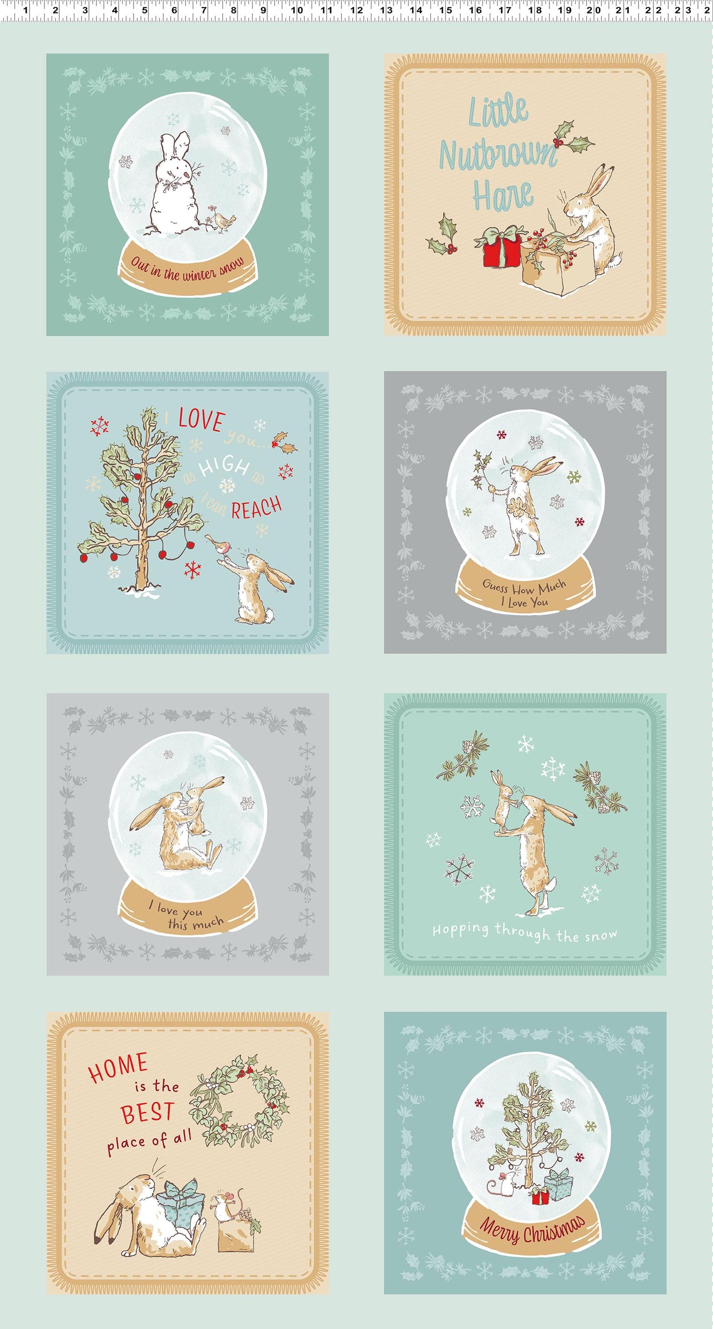 Panel 24" teal from The Guess How Much I Love You 2026 fabric collection by Anita Jeram for Clothworks Fabrics features a cozy, Christmas-themed holiday twist. It centers around Big Nutbrown Hare and Little Nutbrown Hare. The collection includes holiday motifs like bunny-snowmen, mistletoe, holly, and winter scenes.
