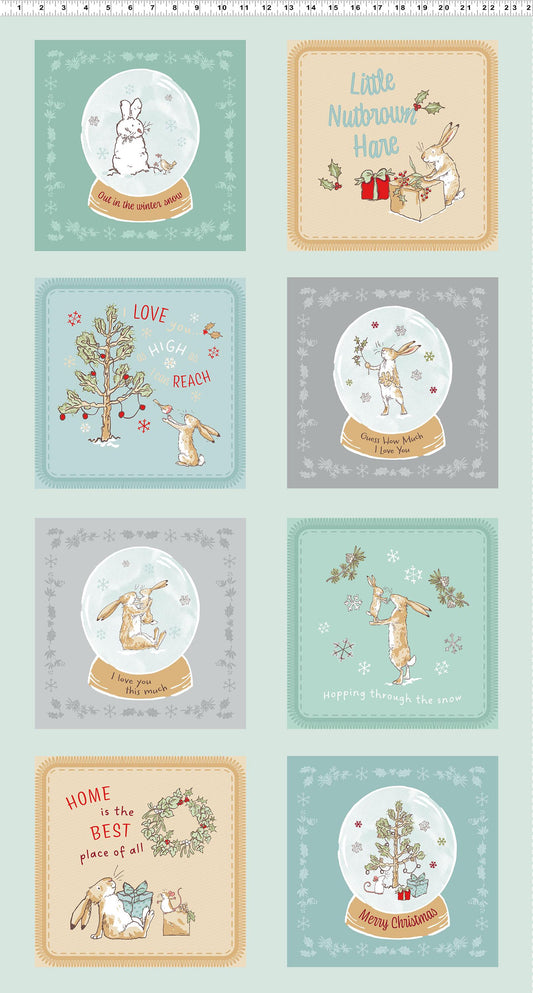 Panel 24" teal from The Guess How Much I Love You 2026 fabric collection by Anita Jeram for Clothworks Fabrics features a cozy, Christmas-themed holiday twist. It centers around Big Nutbrown Hare and Little Nutbrown Hare. The collection includes holiday motifs like bunny-snowmen, mistletoe, holly, and winter scenes.