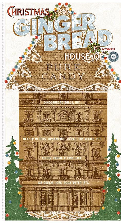 Panel: Specialized project panel Gingerbread House panel  The Gingerbread fabric collection from Riley Blake Designs, designed by J. Wecker Frisch, is a nostalgic, vintage-inspired holiday line celebrating the sweet tradition of Christmas cookie baking. The theme includes Antique lace patterns, classic illustrations, and soft watercolor elements layered together for a timeless look. The color palette has Warm browns, creamy whites, vibrant reds, forest greens, subtle blues, and occasional dark backgrounds.
