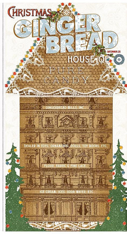 Panel: Specialized project panel Gingerbread House panel  The Gingerbread fabric collection from Riley Blake Designs, designed by J. Wecker Frisch, is a nostalgic, vintage-inspired holiday line celebrating the sweet tradition of Christmas cookie baking. The theme includes Antique lace patterns, classic illustrations, and soft watercolor elements layered together for a timeless look. The color palette has Warm browns, creamy whites, vibrant reds, forest greens, subtle blues, and occasional dark backgrounds.
