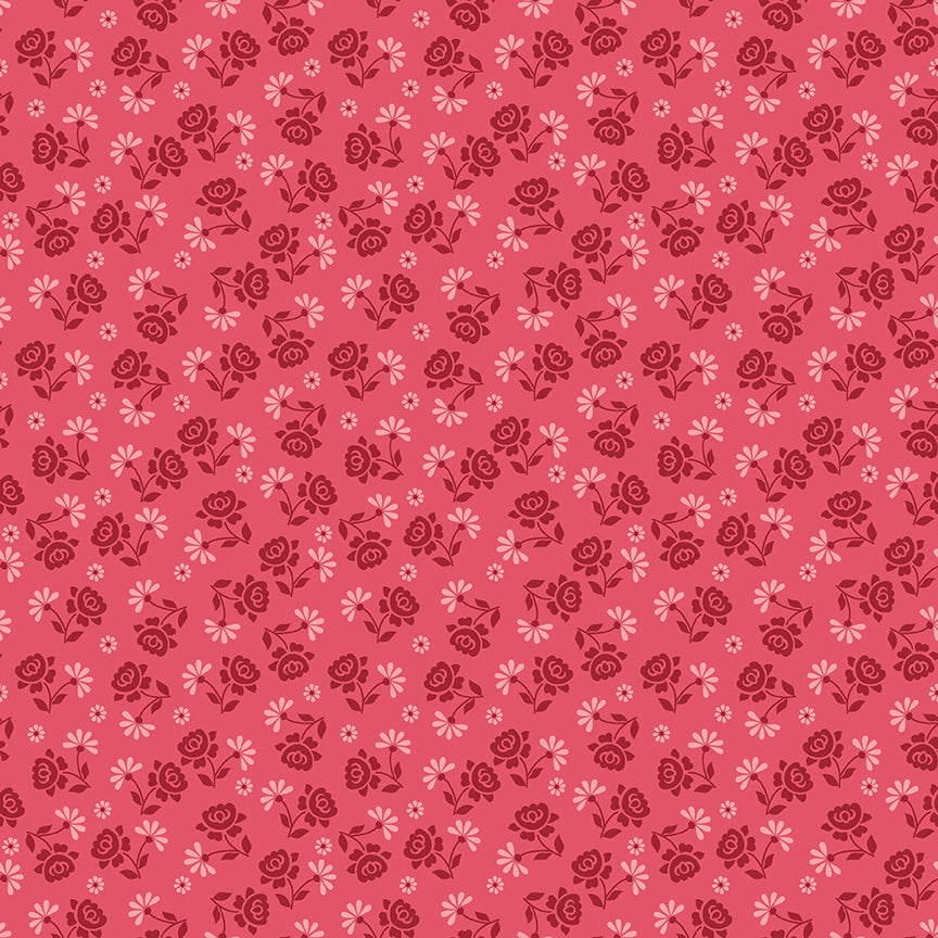 Pattern Berry & Sage Roses (Tea Rose) featuring a dense pattern of small, delicate rose clusters. Fabric pattern is from The Berry & Sage fabric collection by Lori Holt for Riley Blake Designs which is a vintage-inspired line characterized by a color palette of coral, tea rose, cherry, alpine, latte, and sage. The collection features a mix of delicate florals, calicos, geometrics, and plaids.