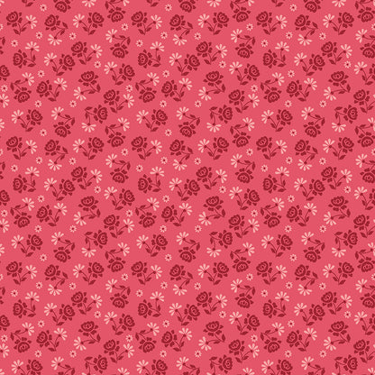 Pattern Berry & Sage Roses (Tea Rose) featuring a dense pattern of small, delicate rose clusters. Fabric pattern is from The Berry & Sage fabric collection by Lori Holt for Riley Blake Designs which is a vintage-inspired line characterized by a color palette of coral, tea rose, cherry, alpine, latte, and sage. The collection features a mix of delicate florals, calicos, geometrics, and plaids.