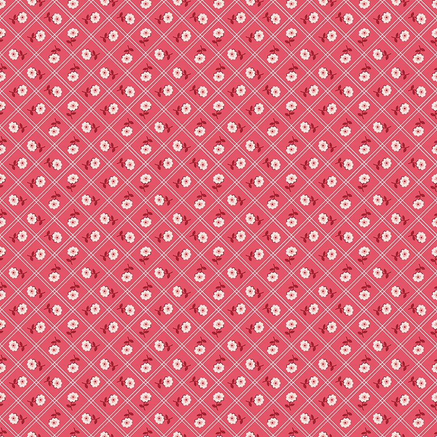 Pattern Calico (Tea Rose): A traditional tiny, scattered floral calico print. Fabric pattern is from The Berry & Sage fabric collection by Lori Holt  for Riley Blake Designs which is a vintage-inspired line  characterized by a color palette of coral, tea rose, cherry, alpine, latte, and sage. The collection features a mix of delicate florals, calicos, geometrics, and plaids.