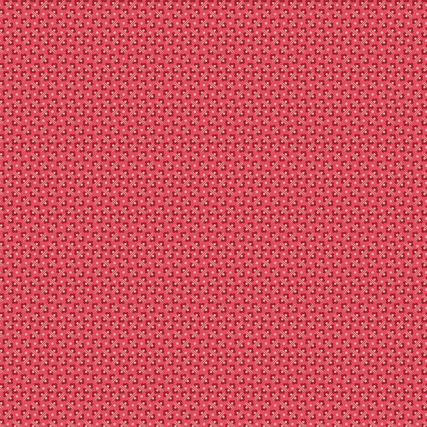 Pattern Flower Bed Tea Rose: A stylized, repeating floral pattern reminiscent of a garden bed. Fabric pattern is from The Berry & Sage fabric collection by Lori Holt  for Riley Blake Designs which is a vintage-inspired line  characterized by a color palette of coral, tea rose, cherry, alpine, latte, and sage. The collection features a mix of delicate florals, calicos, geometrics, and plaids.